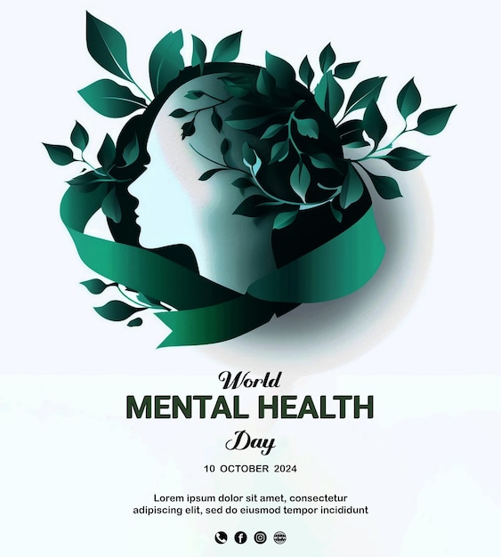 PSD world mental health day awareness poster with human brain and green leaves