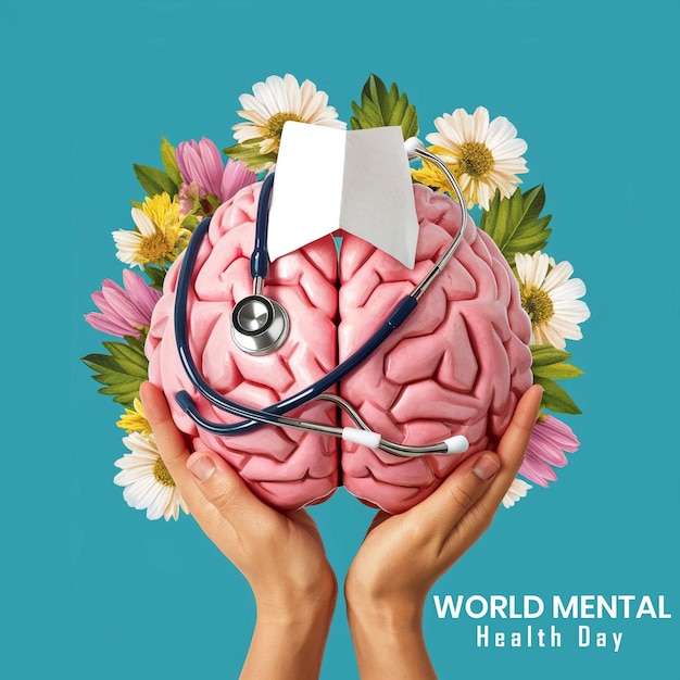 PSD world mental health day with human brain with green ribbon mental health awareness event template