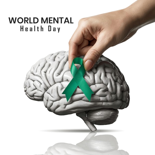 PSD world mental health day with human brain with green ribbon mental health awareness event template