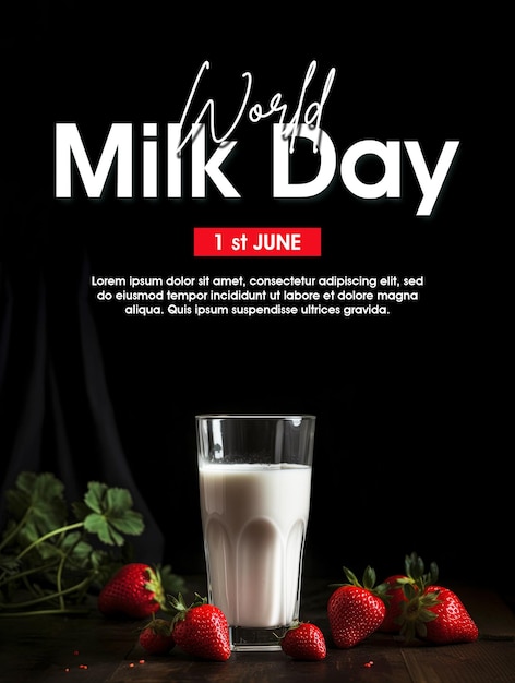 World milk day poster with milk and strawberries