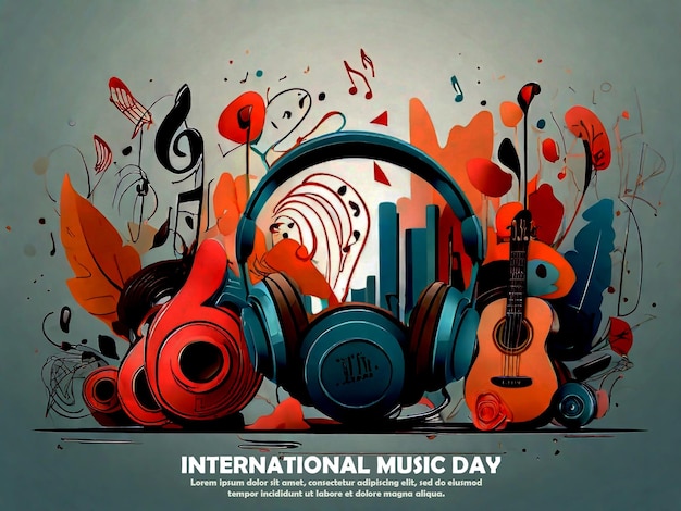 World Music Day concept all type of musical instruments in canvas on peach fuzz background