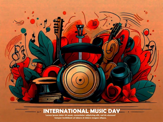 PSD world music day concept all type of musical instruments in canvas on peach fuzz background