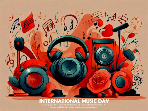 World Music Day concept all type of musical instruments in canvas on peach fuzz background