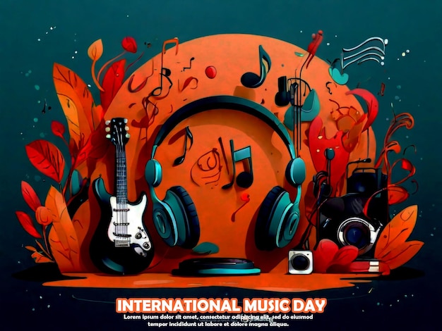 PSD world music day concept all type of musical instruments in canvas on peach fuzz background