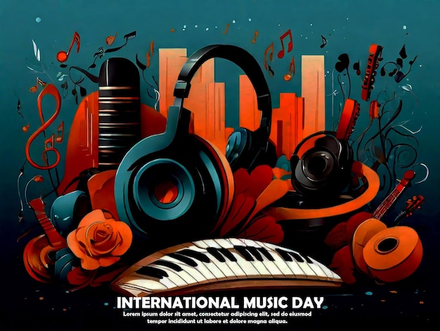 World Music Day concept all type of musical instruments in canvas on peach fuzz background