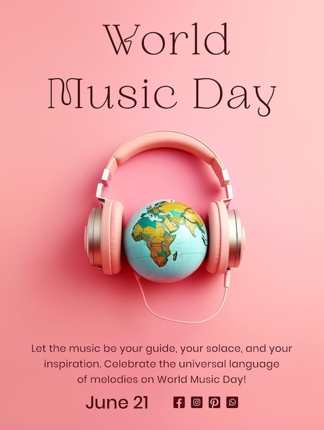 PSD world music day concept headphone with a globe decoration on pink background