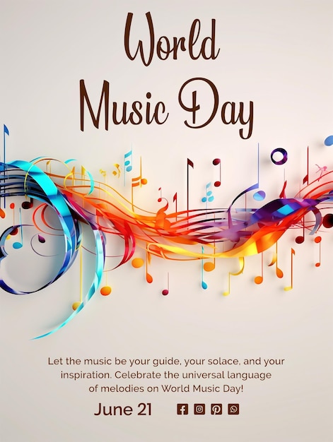 PSD world music day concept vibrant and dynamic composition of musical notes symbol on white background