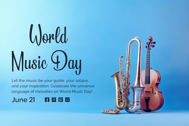 PSD world music day concept violin and saxophone scene on light blue background