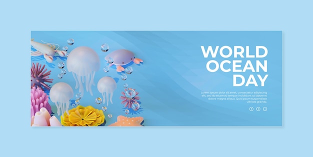 World Ocean Day Banner Template With Jellyfish 3D Render Illustration