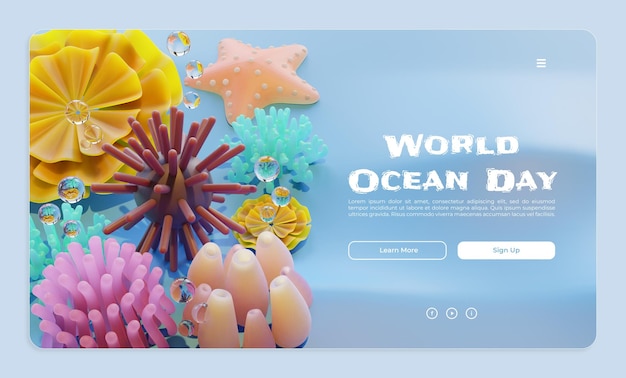 World Ocean Day Landing Page Template With Sea Urchin 3D Render Illustration