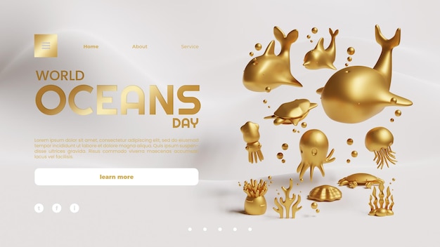 World Oceans Day Landing Page Template With Gold Sea Creatures 3D Rendering