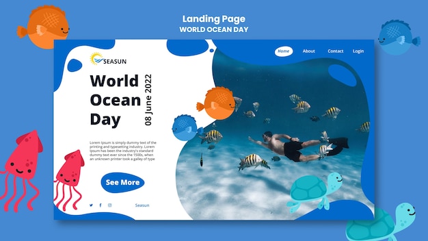 World oceans day landing page template with person scuba diving