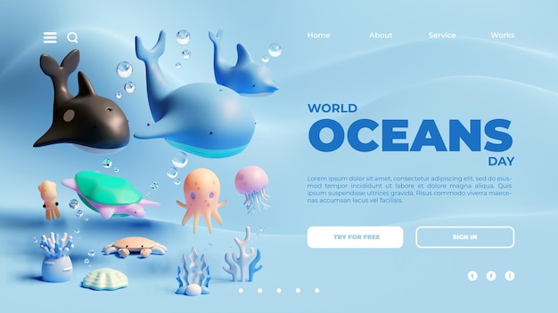 World Oceans Day Landing Page Template With Sea Animals 3D Rendering