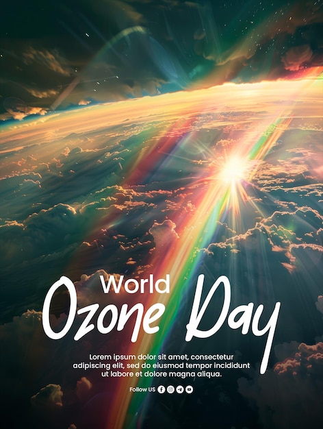 PSD world ozone day poster template with planet earth showing an orbiting rainbow background