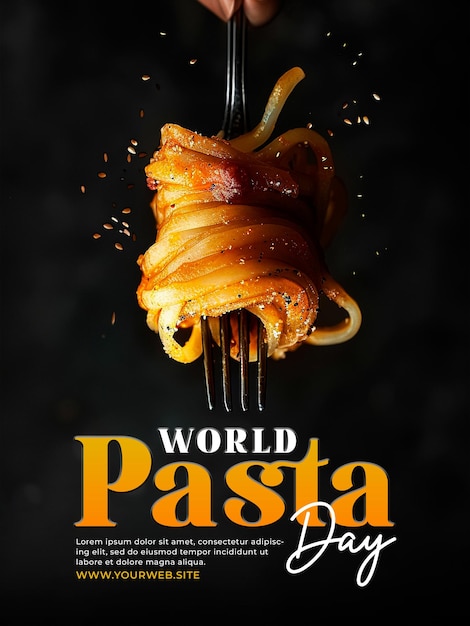 PSD world pasta day social media poster with pasta and fork background