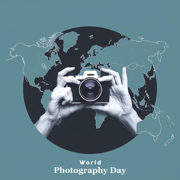 PSD world photography day good template for photography design hand holding a camera