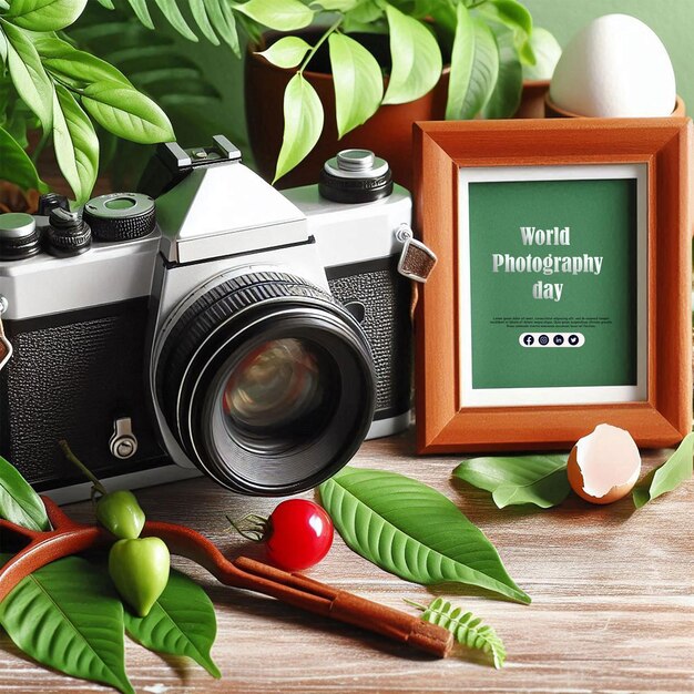 PSD world photography day typography design with camera good template for world photography day