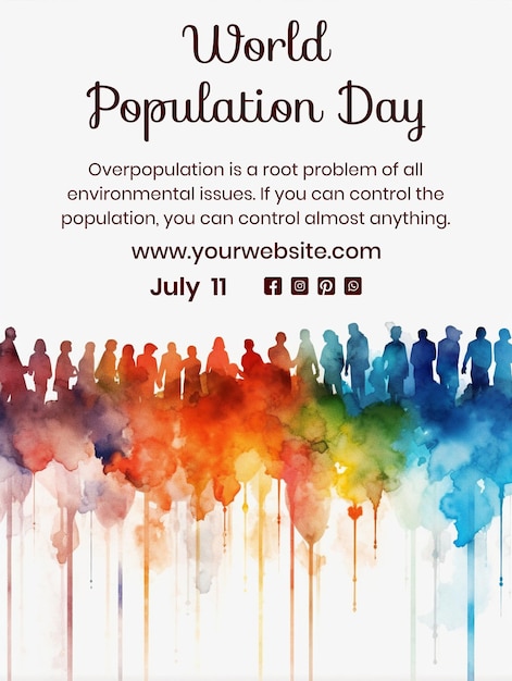 PSD world population day concept group of peoples watercolor style design on white background