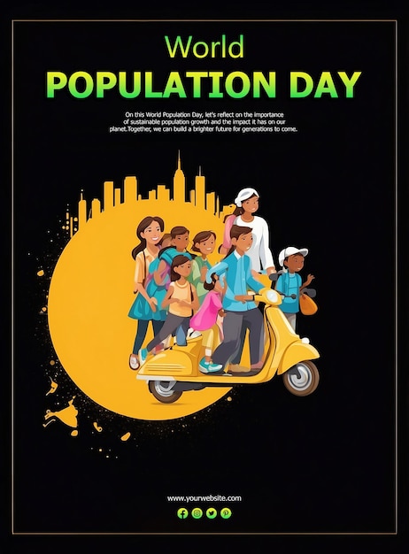 PSD world population day concept a man riding a scooter with his large family