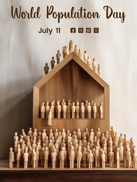 World Population Day concept wooden structure with lots of people icons on white background