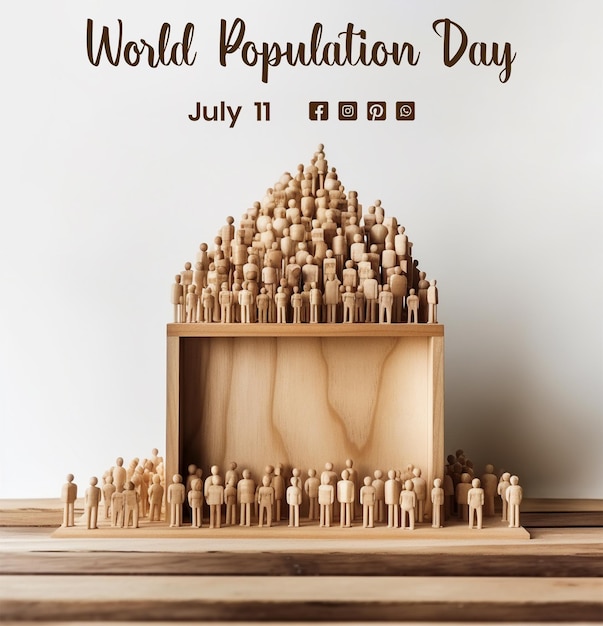 PSD world population day concept wooden structure with lots of people icons on white background