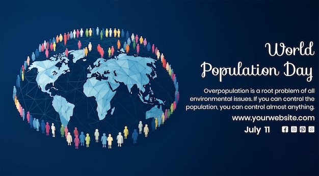 PSD world population day concept world map with people icons in canvas on dark blue background