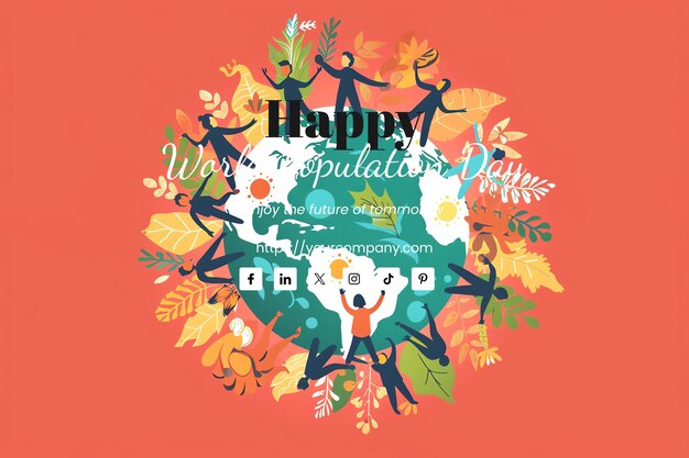 PSD world population day illustration of diverse people holding hands around the globe autumn red color