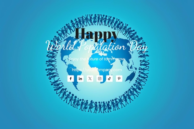 PSD world population day illustration of diverse people holding hands around the globe cerulean color