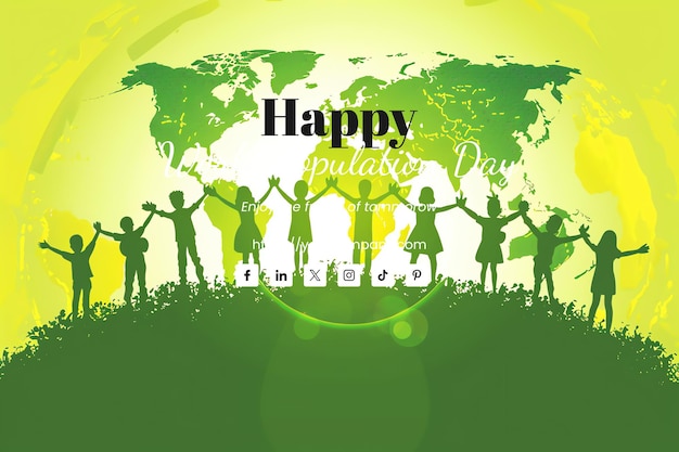 PSD world population day illustration of diverse people holding hands around the globe chartreuse color