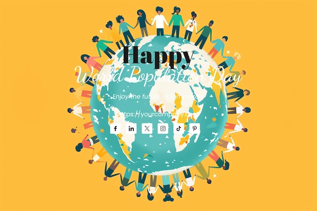 PSD world population day illustration of diverse people holding hands around the globe citrine color