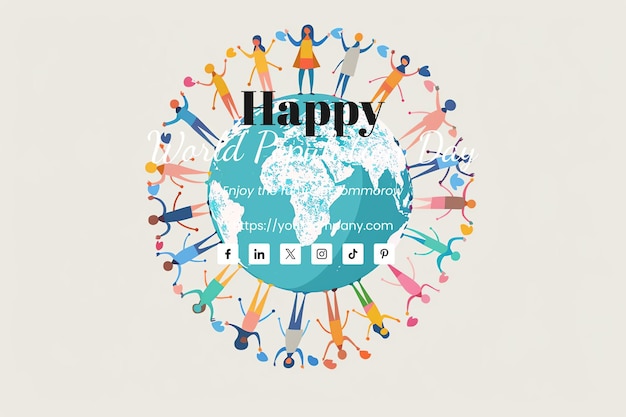 PSD world population day illustration of diverse people holding hands around the globe gray background