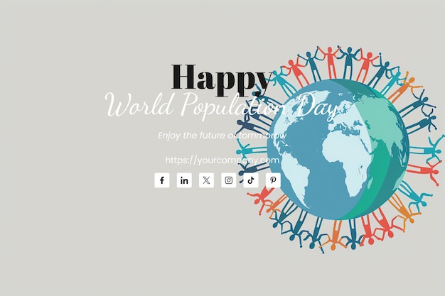 PSD world population day illustration of diverse people holding hands around the globe gray background