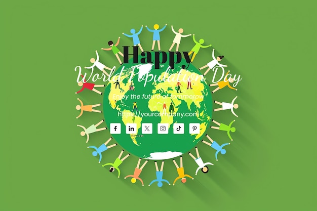 World Population Day illustration of diverse people holding hands around the globe green background