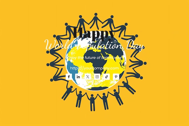 PSD world population day illustration of diverse people holding hands around the globe mustard color