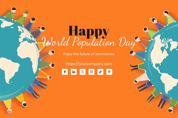 World Population Day illustration of diverse people holding hands around the globe orange background