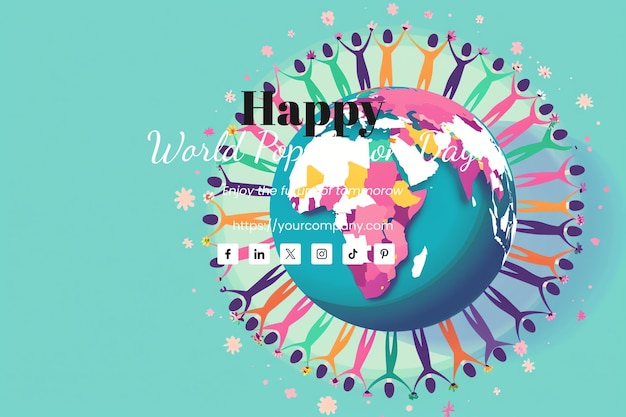 World Population Day illustration of diverse people holding hands around the globe orchid background