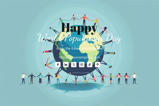 PSD world population day illustration of diverse people holding hands around the globe pewter background