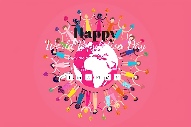 PSD world population day illustration of diverse people holding hands around the globe pink background