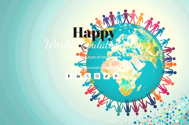 PSD world population day illustration of diverse people holding hands around the globe platinum color