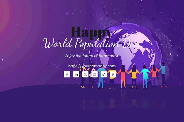 World Population Day illustration of diverse people holding hands around the globe purple background