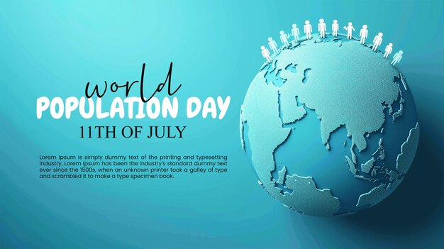 PSD world population day illustration featuring a stylized globe with human figures and the date