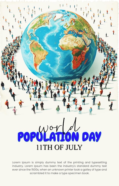 PSD world population day illustration with a large globe surrounded by numerous people