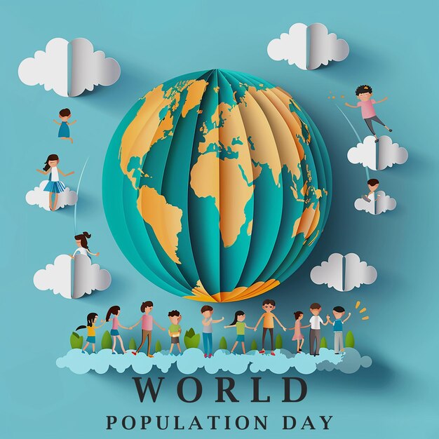 world population day poster design flat vector illustration of people standing on the earth globe