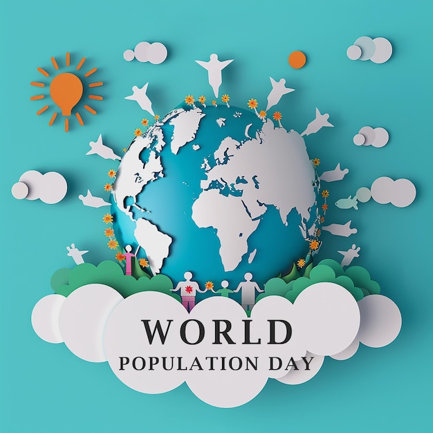 world population day poster design flat vector illustration of people standing on the earth globe