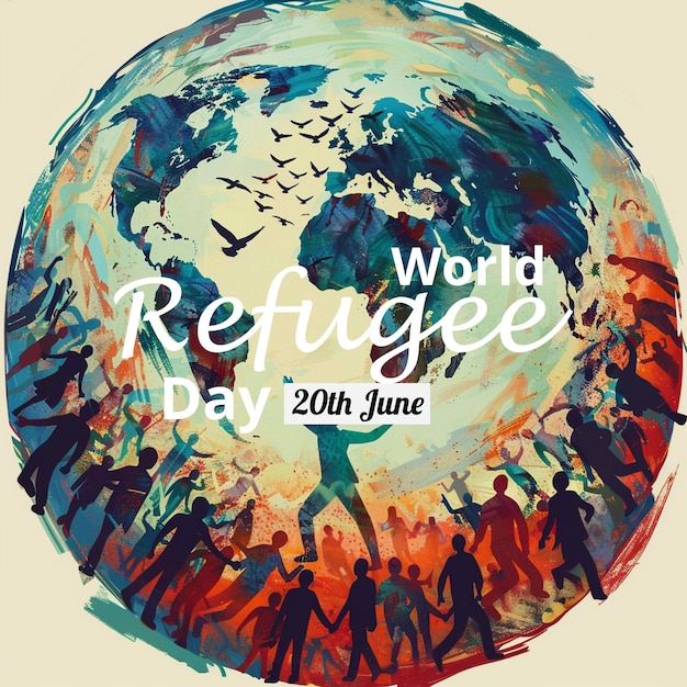 World refugee day background with muslim people walking seek for home Flat style vector illustration