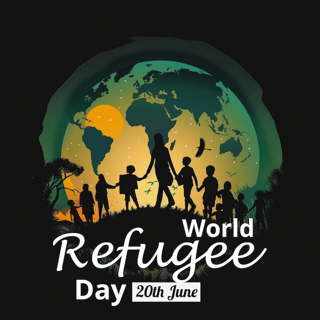 World refugee day background with muslim people walking seek for home Flat style vector illustration