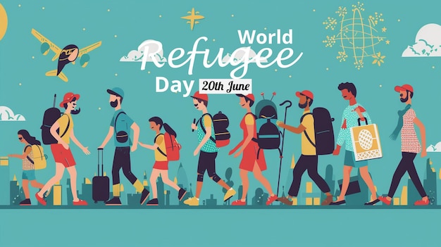 World refugee day background with muslim people walking seek for home Flat style vector illustration