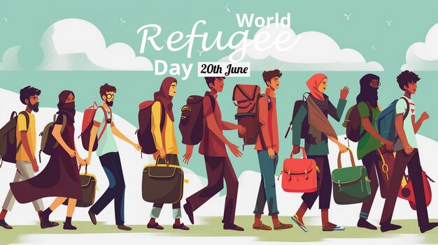 World refugee day background with muslim people walking seek for home Flat style vector illustration