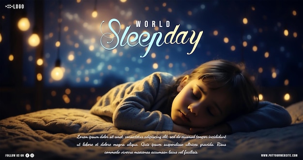 World sleep day banner with a background from a cute kid sleep at quite and magical night