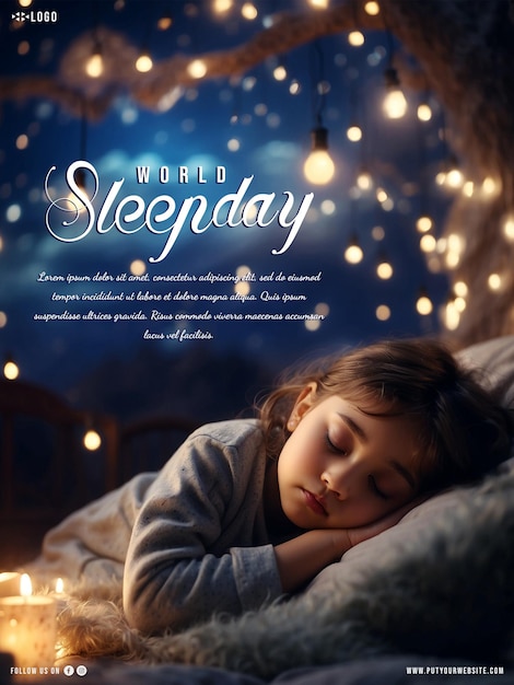 World sleep day banner with a background from a cute kid sleep at quite and magical night